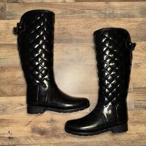 Hunter Refined Gloss Black Quilted Tall Buckle Rain Boots Size 6 Women’s